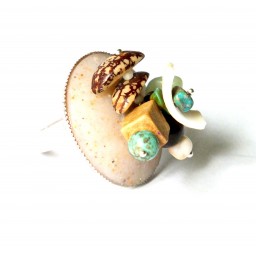 Bague "Caminho De Gotas", création unique Espeleta nature chic, en pâte polymère, tons turquoise, blanc et chocolat