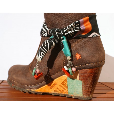 Bijoux de chaussures 2 en 1 « Fleur de Sel » création Espeleta, ethnique chic, pâte polymère, tissu, turquoise, cuivré
