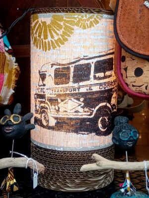 Lampe tube Taxi Brousse lin sérigraphié & carton recyclé