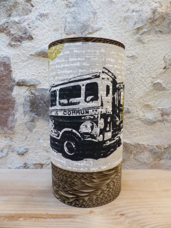 Lampe tube Taxi Brousse lin sérigraphié & carton recyclé