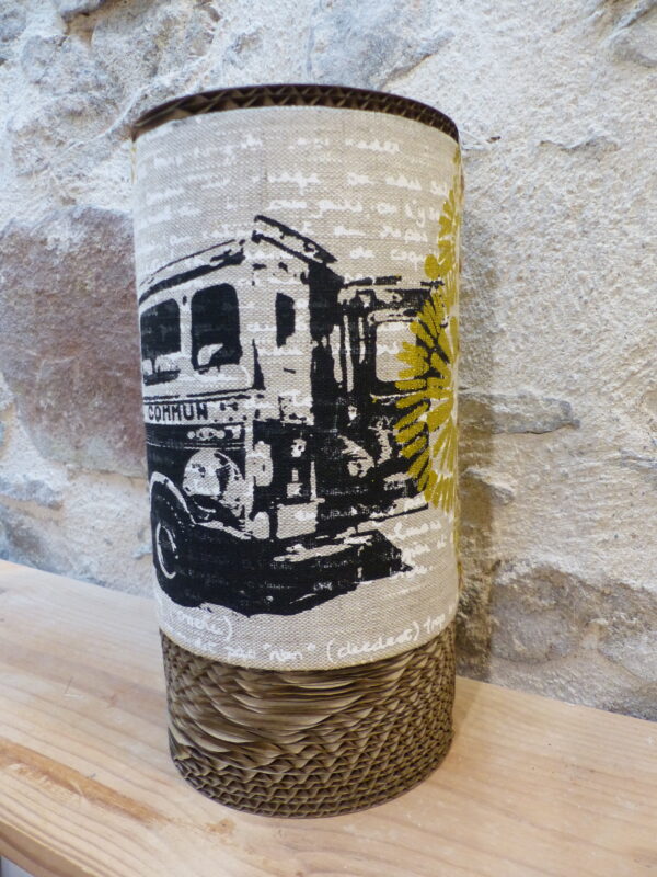 Lampe tube Taxi Brousse lin sérigraphié & carton recyclé