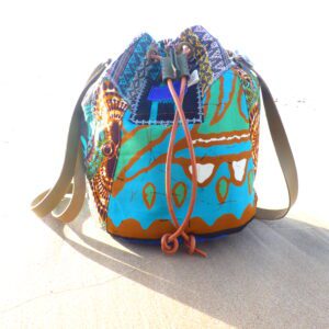 Sac seau patchwork antique marron turquoise