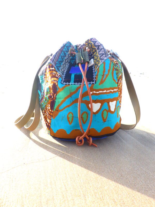 Sac seau patchwork antique marron turquoise