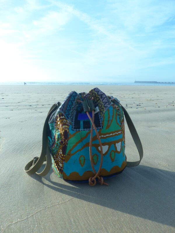 Sac seau patchwork antique marron turquoise