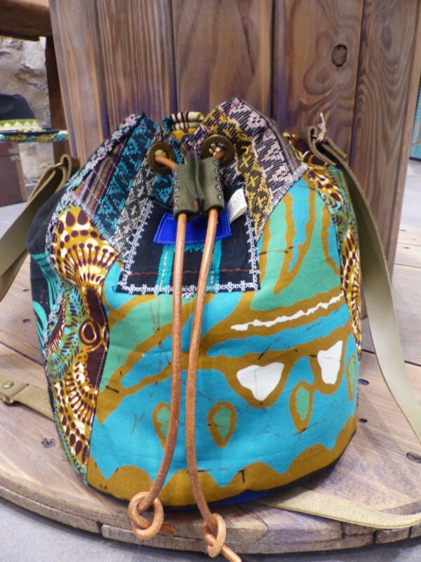 Sac seau patchwork antique marron turquoise