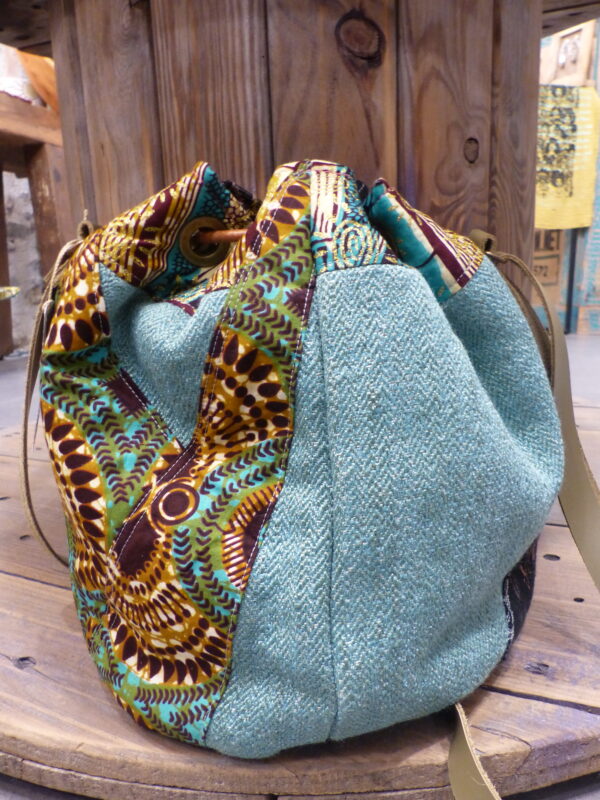 Sac seau patchwork antique marron turquoise