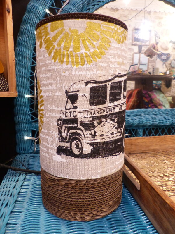 Lampe tube Taxi Brousse lin sérigraphié & carton recyclé