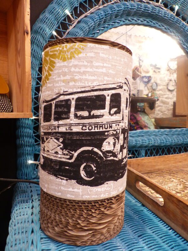 Lampe tube Taxi Brousse lin sérigraphié & carton recyclé