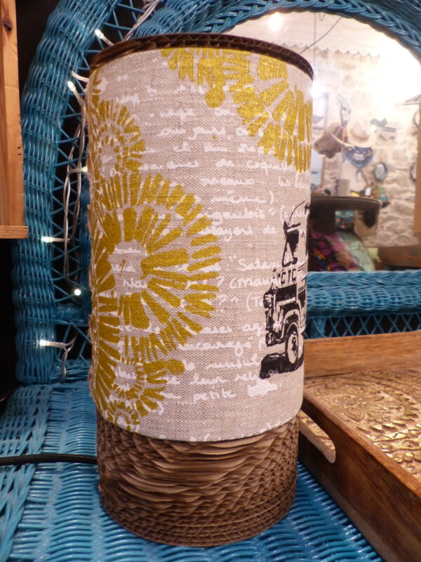 Lampe tube Taxi Brousse lin sérigraphié & carton recyclé