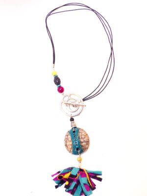 Collier raku wax toggle prune, jaune et turquoise