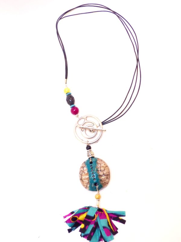 Collier raku wax toggle prune, jaune et turquoise