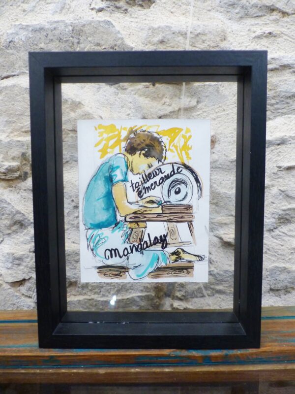 Croquis Birmanie "tailleur d'émeraude à Mandalay" encadré