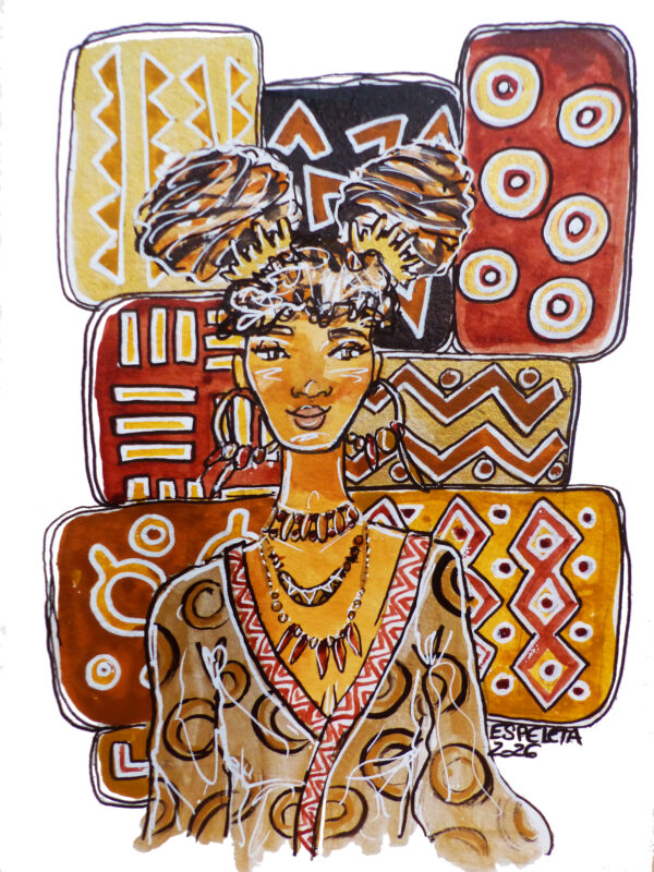 Portrait de femme "Bogolan #2" encadré