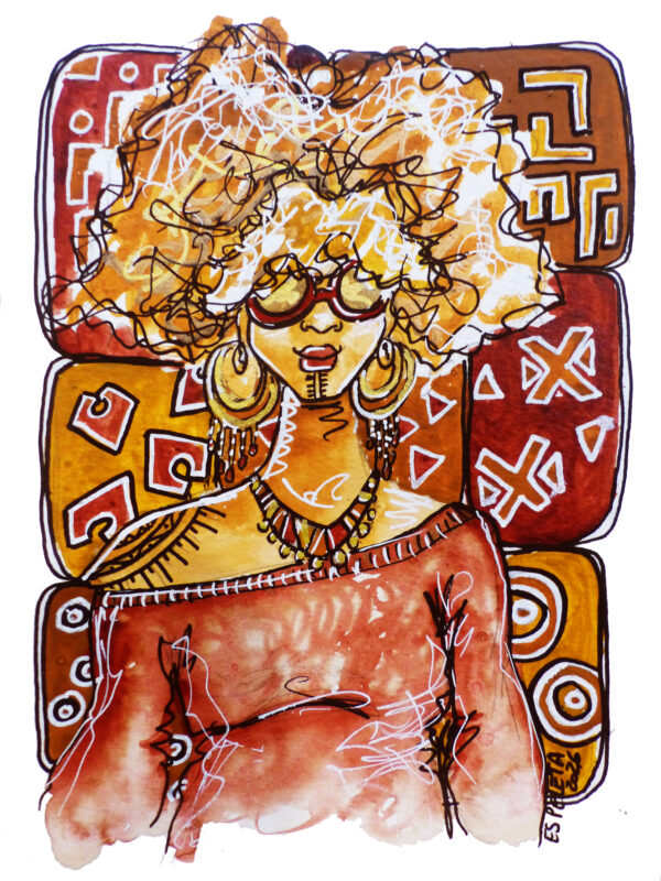 Portrait de femme "Bogolan #6" encadré