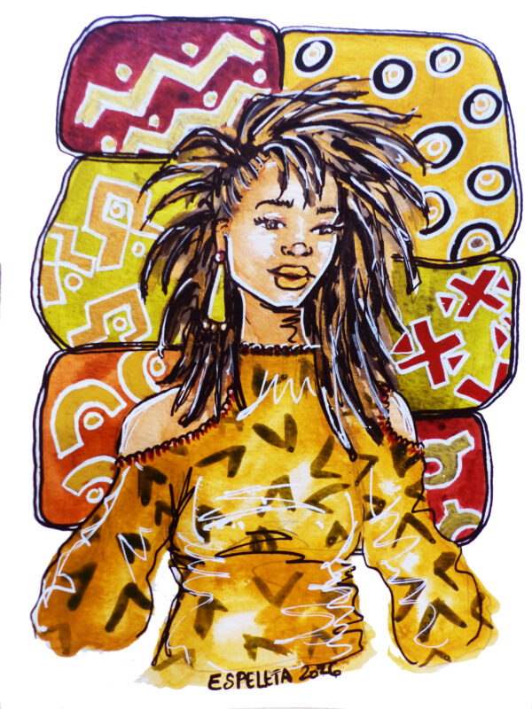 Portrait de femme "Bogolan #5" encadré