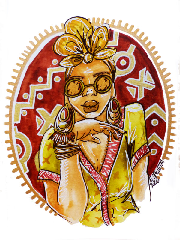 Portrait de femme "Bogolan #9" encadré