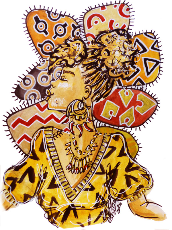 Portrait de femme "Bogolan #8" encadré