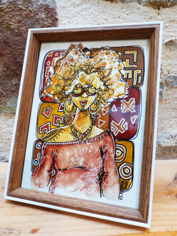 Portrait de femme "Bogolan #6" encadré