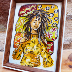 Portrait de femme "Bogolan #5" encadré