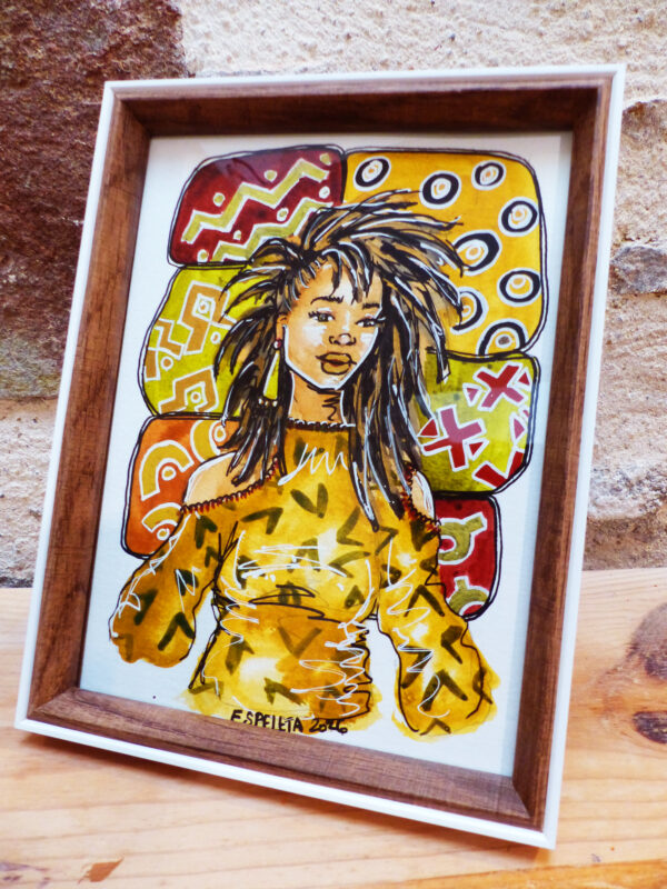 Portrait de femme "Bogolan #5" encadré