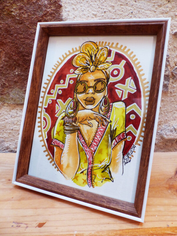 Portrait de femme "Bogolan #9" encadré