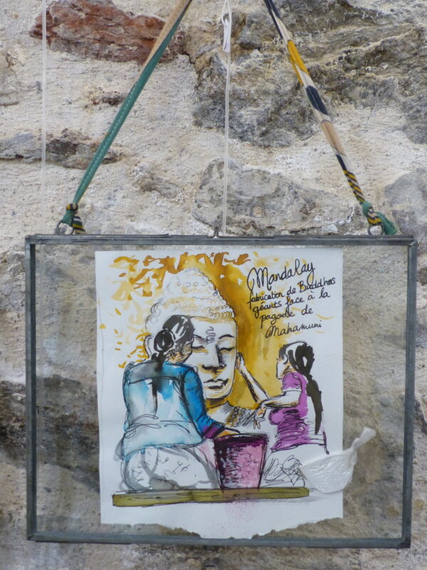 Croquis de Birmanie "Ponceuses de Bouddha à Mandalay" cadre-vitrine