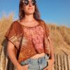 Top caramel sérigraphié, à nouer,  taille unique