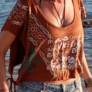 Top caramel sérigraphié, à nouer, taille unique